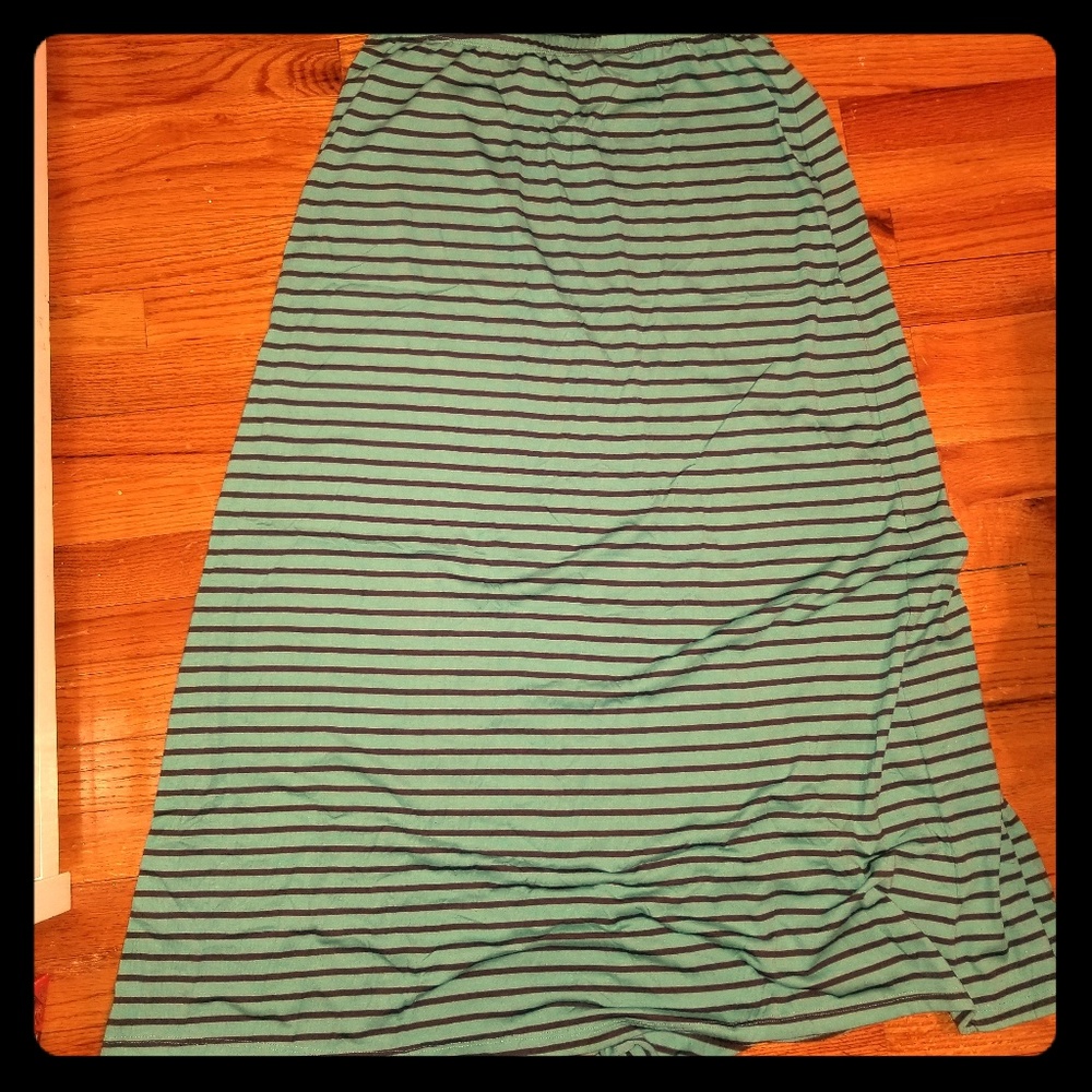Blueish green with gray striped skirt